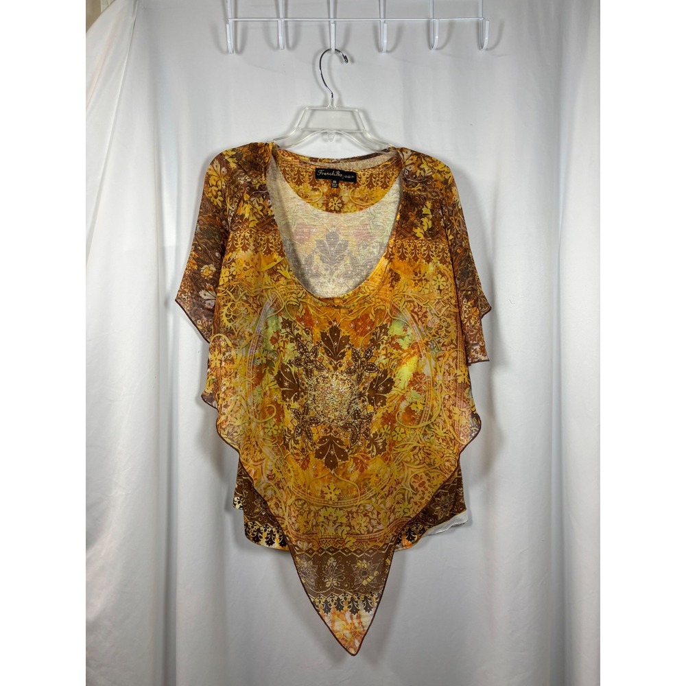 French Bazaar Womens XXL Orange Brown Paisley Rhinestone Layered Poncho  Blouse